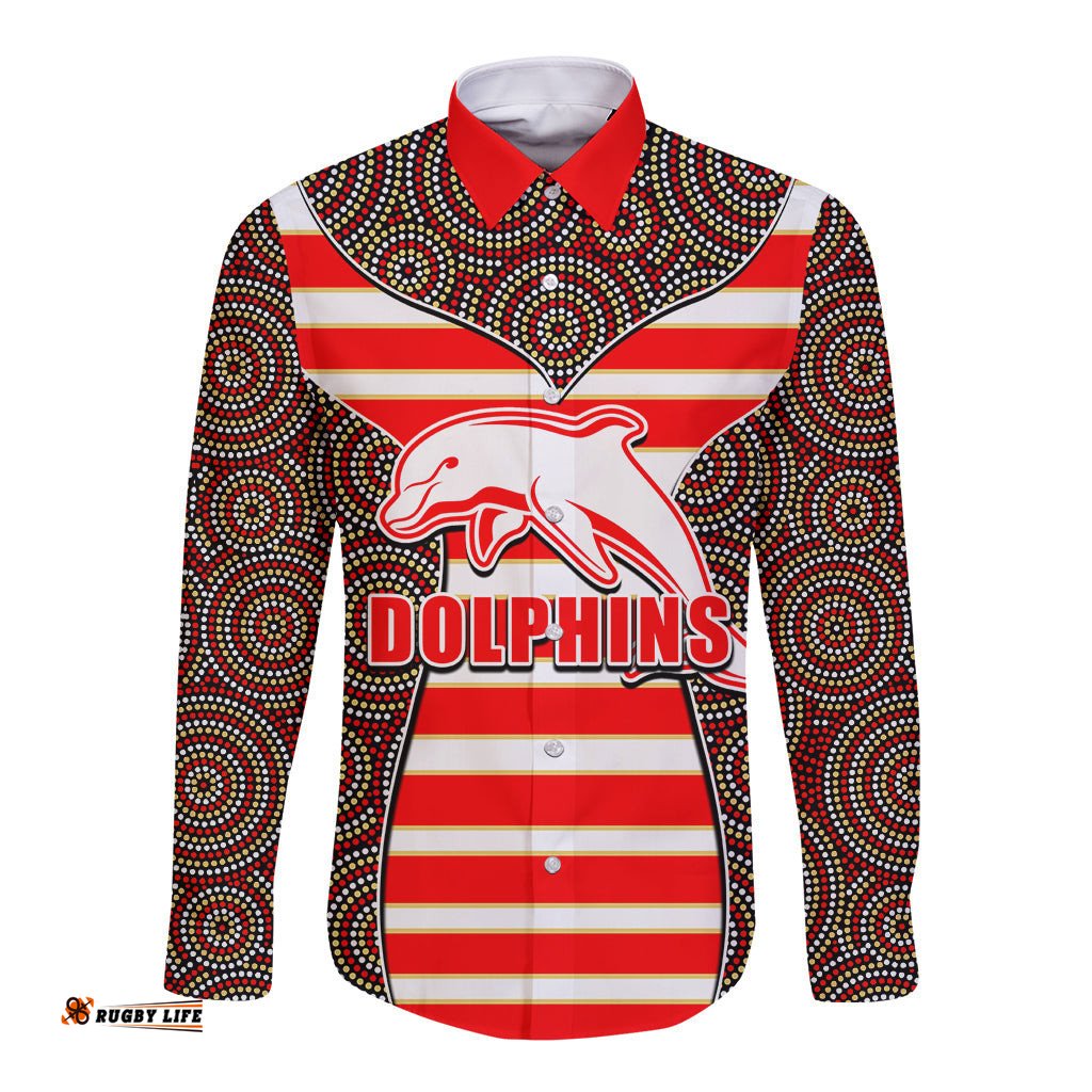 NRL - Dolphins Long Sleeve Button Shirt Mix Dot Aboriginal