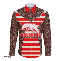 NRL - Dolphins Long Sleeve Button Shirt Mix Dot Aboriginal