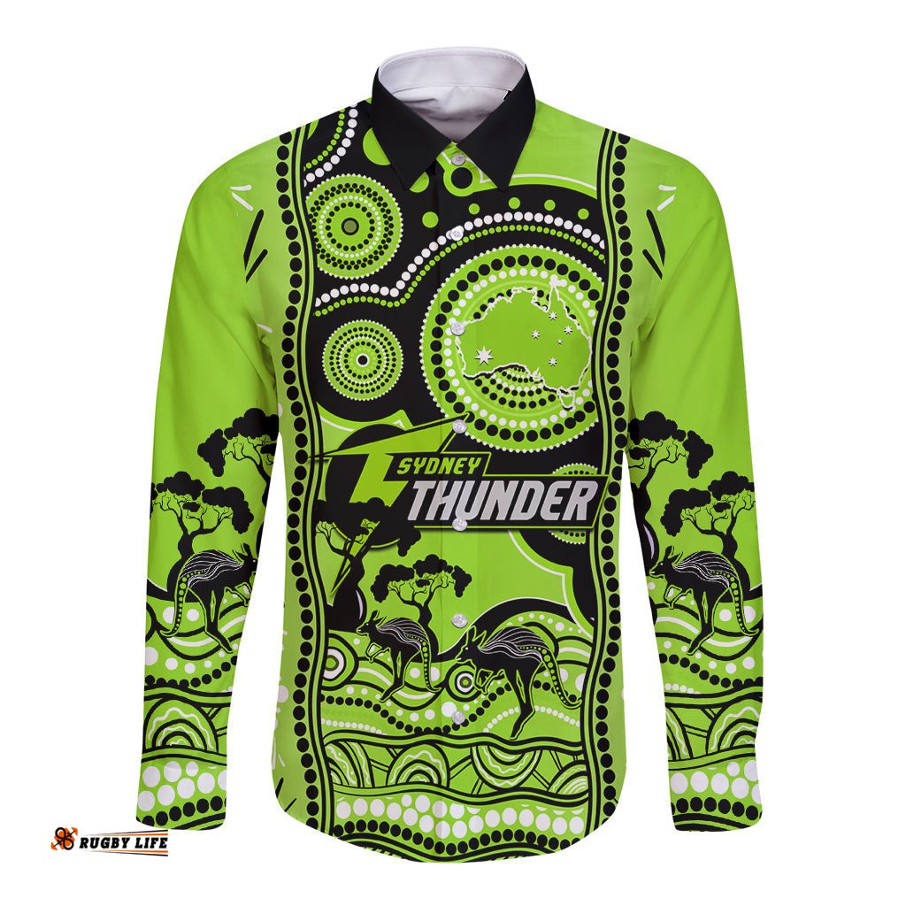 Custom Sydney Thunder Cricket Long Sleeve Button Shirt Happy Australia Day Aboriginal Art