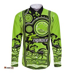 Custom Sydney Thunder Cricket Long Sleeve Button Shirt Happy Australia Day Aboriginal Art