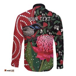 Personalised Australia Waratah And Superb Fairywren Long Sleeve Button Shirt Aboriginal Art