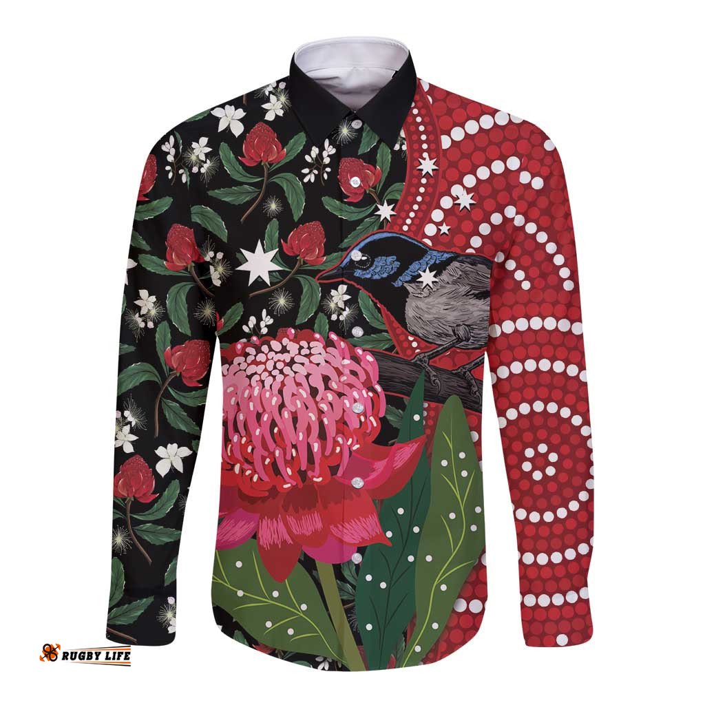 Personalised Australia Waratah And Superb Fairywren Long Sleeve Button Shirt Aboriginal Art