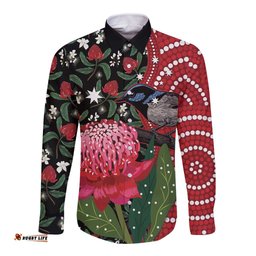 Personalised Australia Waratah And Superb Fairywren Long Sleeve Button Shirt Aboriginal Art