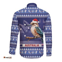 Aussie Kookaburra Long Sleeve Button Shirt Merry Christmas Blue Style