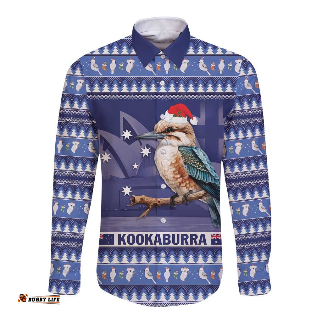 Aussie Kookaburra Long Sleeve Button Shirt Merry Christmas Blue Style