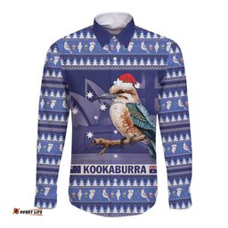 Aussie Kookaburra Long Sleeve Button Shirt Merry Christmas Blue Style
