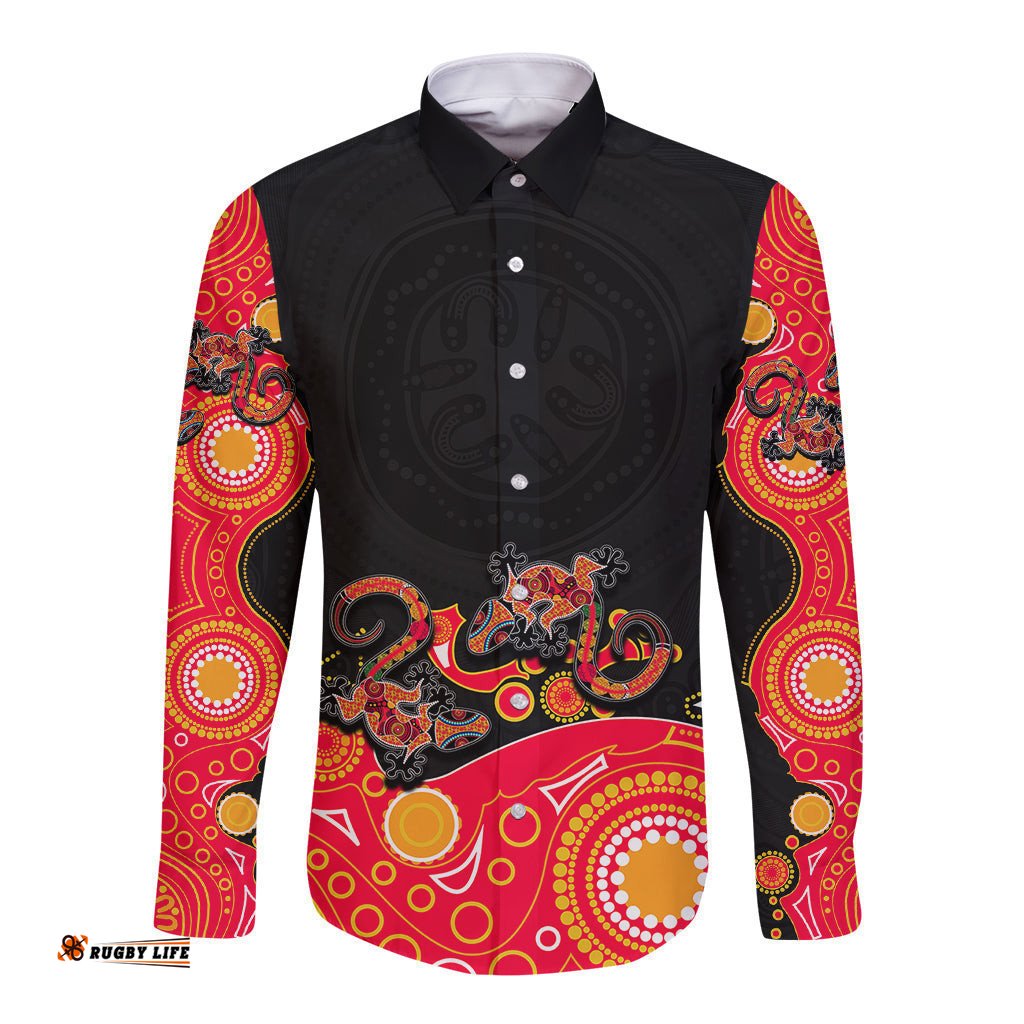 Australia Aboriginal Long Sleeve Button Shirt Lizard Red