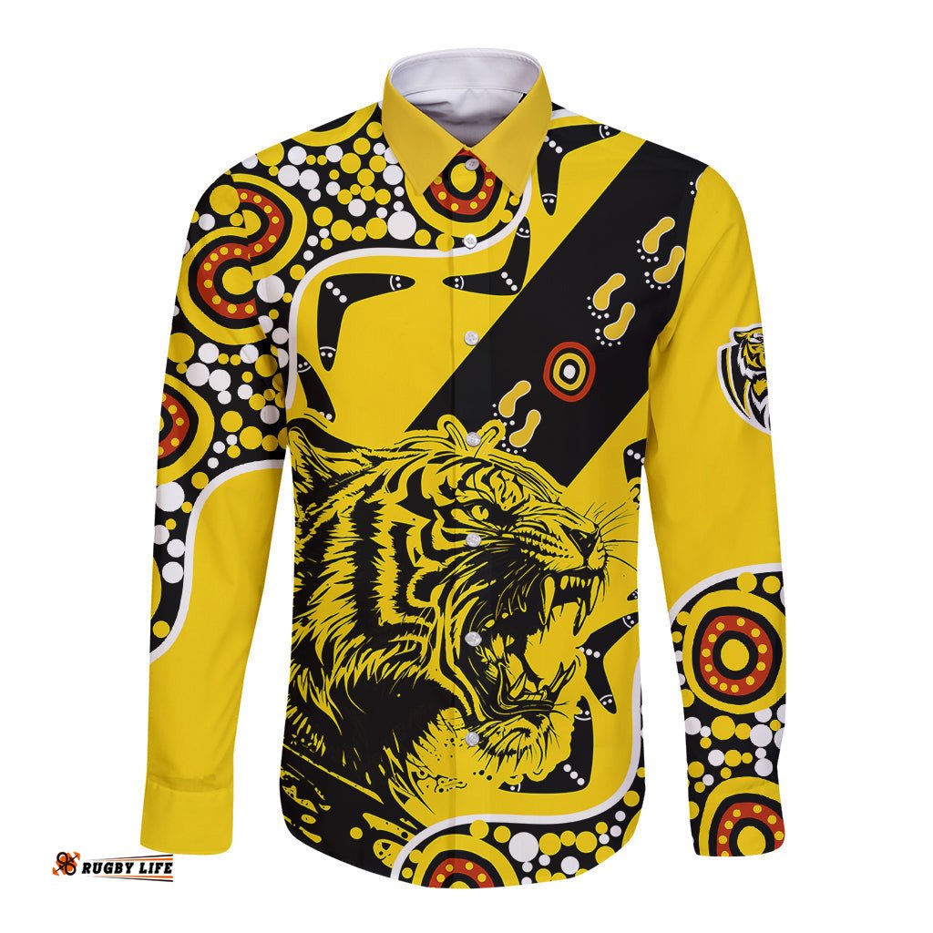 Custom Text And Number Richmond Tigers Football Long Sleeve Button Shirt Angry Tiger Roaring Aboriginal Boomerang and Dots Art