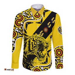 Custom Text And Number Richmond Tigers Football Long Sleeve Button Shirt Angry Tiger Roaring Aboriginal Boomerang and Dots Art