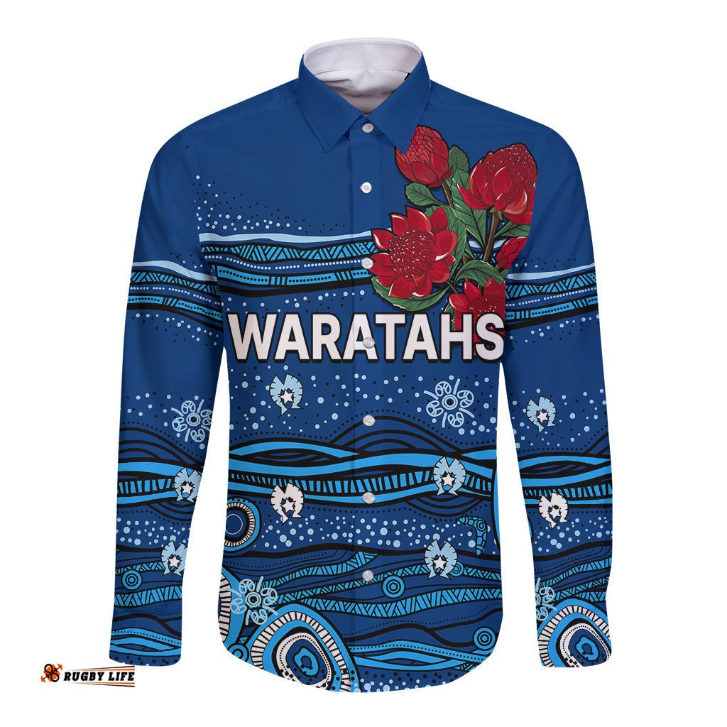 Custom Text And Number NSW Waratahs Rugby Long Sleeve Button Shirt Aboriginal Indigenous