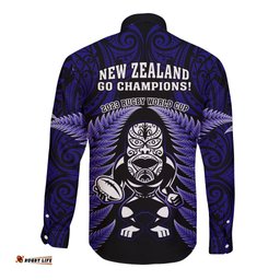 New Zealand Aotearoa Rugby Long Sleeve Button Shirt NZ Tiki With Maori Fern World Cup Blue Version