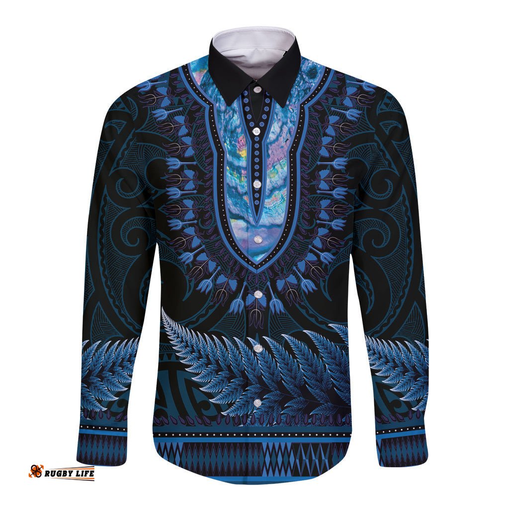 Blue African Dashiki With Aotearoa Maori Long Sleeve Button Shirt Paua Shell Mix Silver Fern