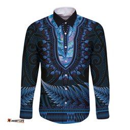 Blue African Dashiki With Aotearoa Maori Long Sleeve Button Shirt Paua Shell Mix Silver Fern