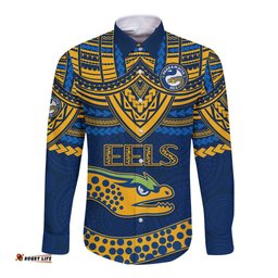 Eels Rugby Long Sleeve Button Shirt Polynesian and Aboriginal Vibe