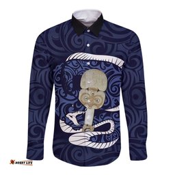 Blue New Zealand Eel Long Sleeve Button Shirt Aotearoa Maori Tuna With Kotiate Weapon