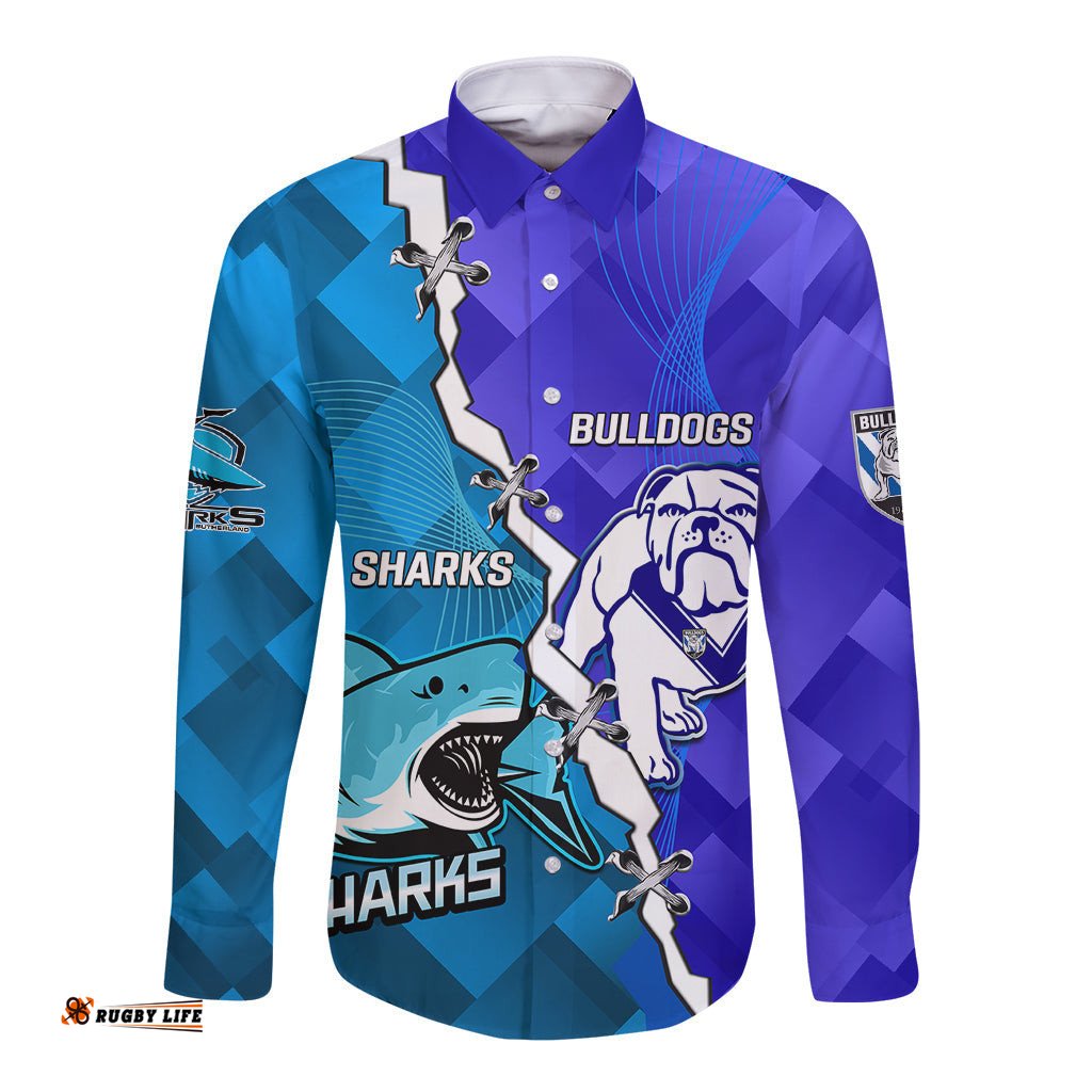 Perspnalised Sharks And Bulldogs Rugby Long Sleeve Button Shirt Sporty Style