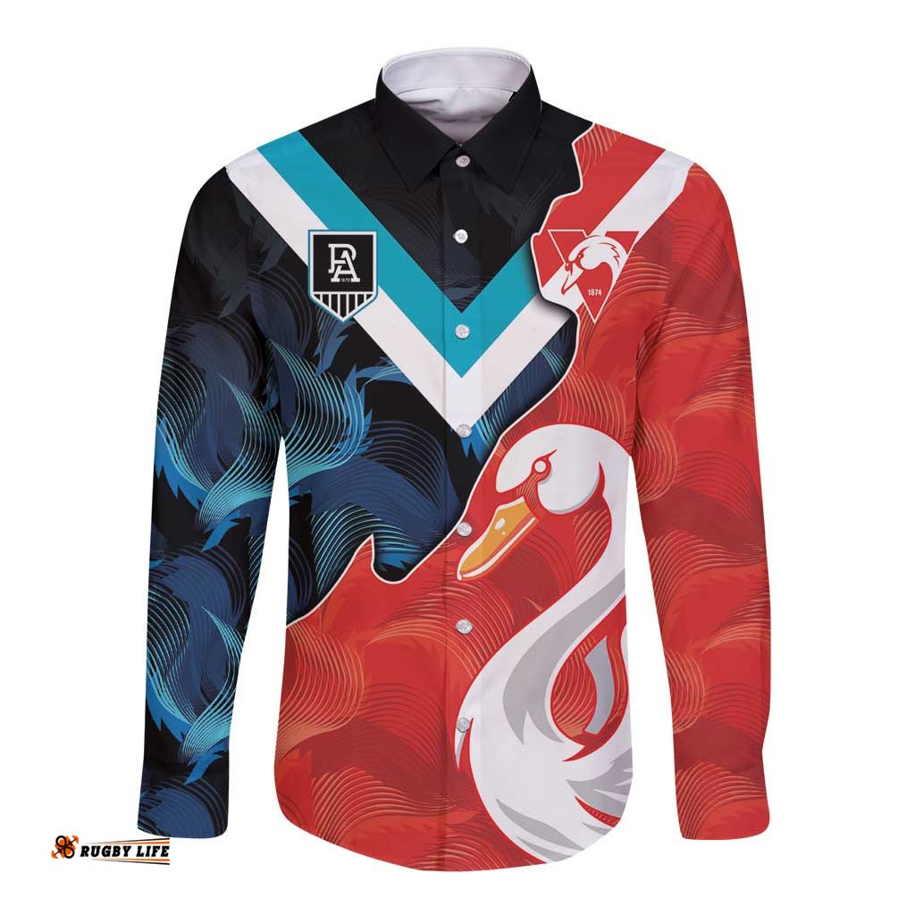 Swans-Port Adelaide Football Custom Long Sleeve Button Shirt Cracked Metal Style