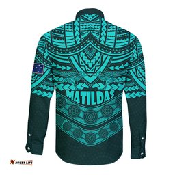 Matildas Soccer Long Sleeve Button Shirt Polynesian and Aboriginal Turquoise Vibe