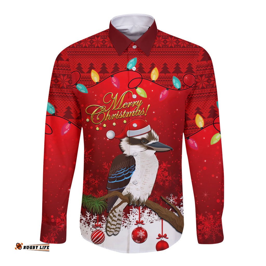 Australia Christmas Long Sleeve Button Shirt Aussie Kookaburra Santa Merry Xmas