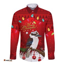 Australia Christmas Long Sleeve Button Shirt Aussie Kookaburra Santa Merry Xmas