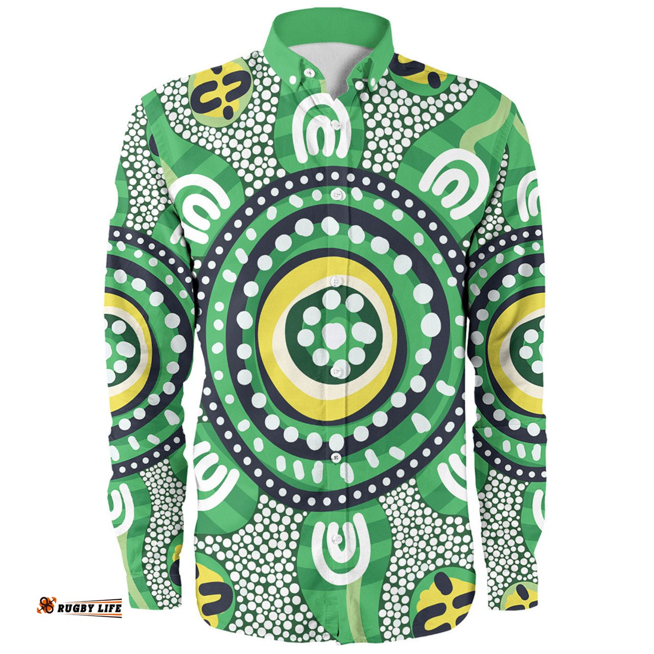 Amazing Aussie Australia Dot Painting Inspired Aboriginal Green Aboriginal Inspired Dot Art Long Sleeve Shirt
