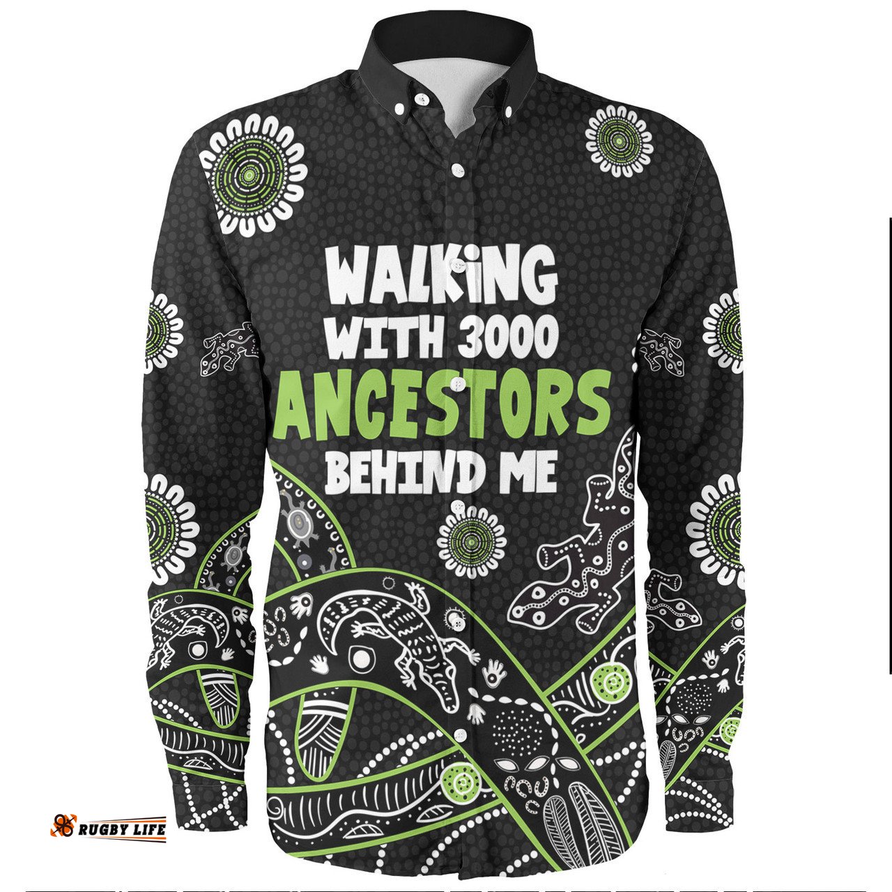 Amazing Aussie Australia Aboriginals Walking with 3000 Ancestors Behind Me Black and Green Patternss Long Sleeve Shirt