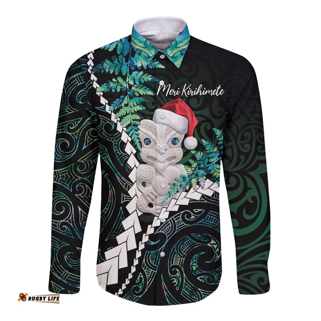 New Zealand Personalised Long Sleeve Button Shirt Meri Kirihimete Kowhaiwhai Mix Paua Shell - Emerald