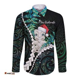 New Zealand Personalised Long Sleeve Button Shirt Meri Kirihimete Kowhaiwhai Mix Paua Shell - Emerald