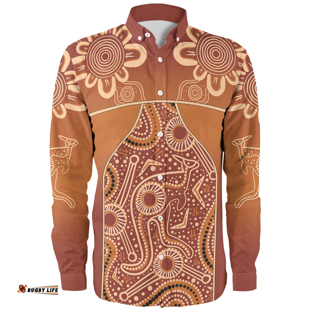 Amazing Aussie Australia Aboriginal Custom Brown Kangaroo In Aboriginal Dot Art Long Sleeve Shirt
