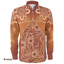 Amazing Aussie Australia Aboriginal Custom Brown Kangaroo In Aboriginal Dot Art Long Sleeve Shirt