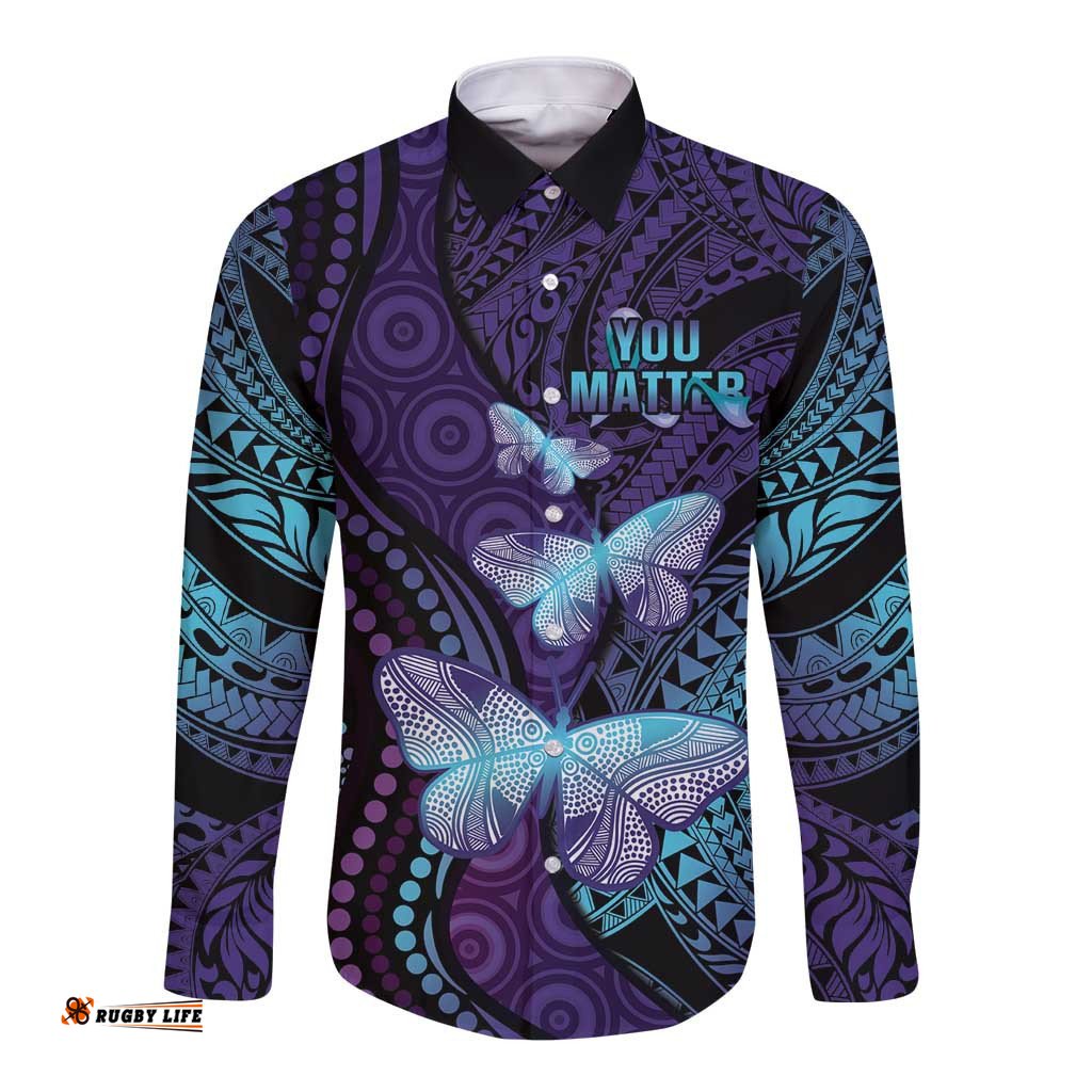 You Matter Suicide Prevention Awareness Long Sleeve Button Shirt Butterfly Aboriginal Mix Polynesian Pattern