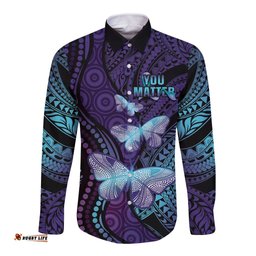 You Matter Suicide Prevention Awareness Long Sleeve Button Shirt Butterfly Aboriginal Mix Polynesian Pattern
