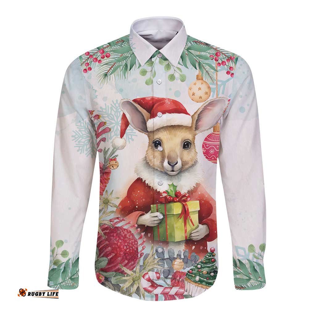 Australia Christmas Long Sleeve Button Shirt Kangaroo Santa With Aussie Flower - Watercolor