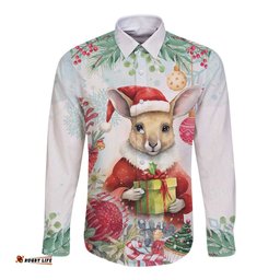 Australia Christmas Long Sleeve Button Shirt Kangaroo Santa With Aussie Flower - Watercolor