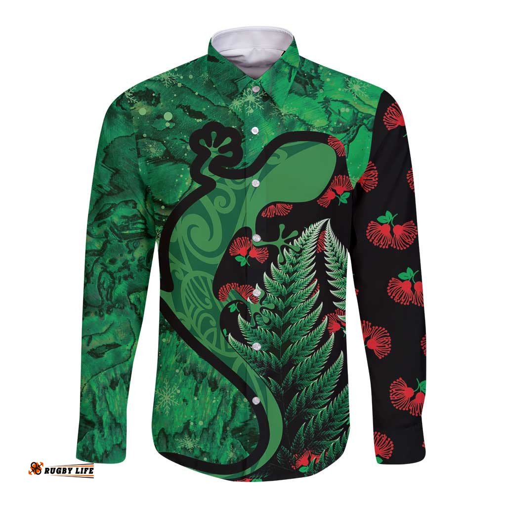 New Zealand Gecko Christmas Long Sleeve Button Shirt Meri Kirihimete Paua Shell Mix Pohutukawa