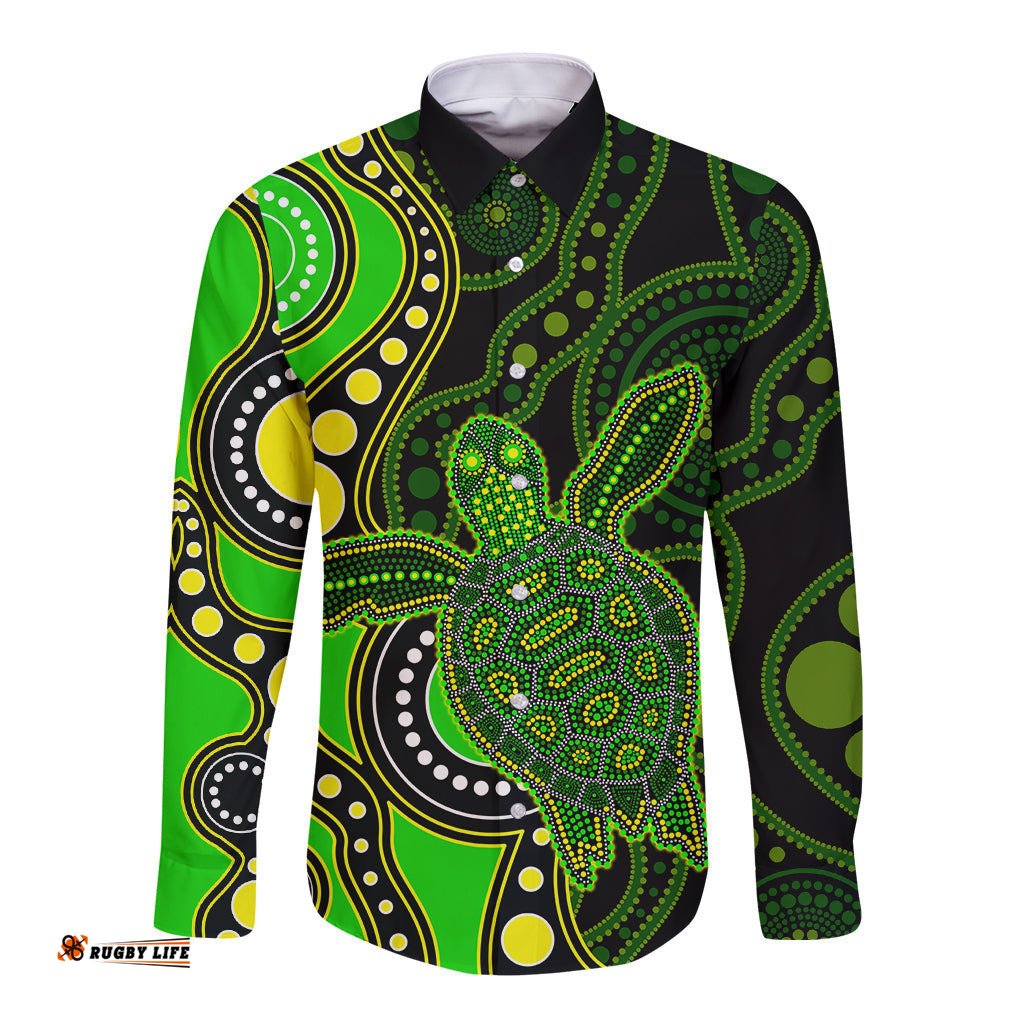 Aboriginal Turtle Long Sleeve Button Shirt Green Style