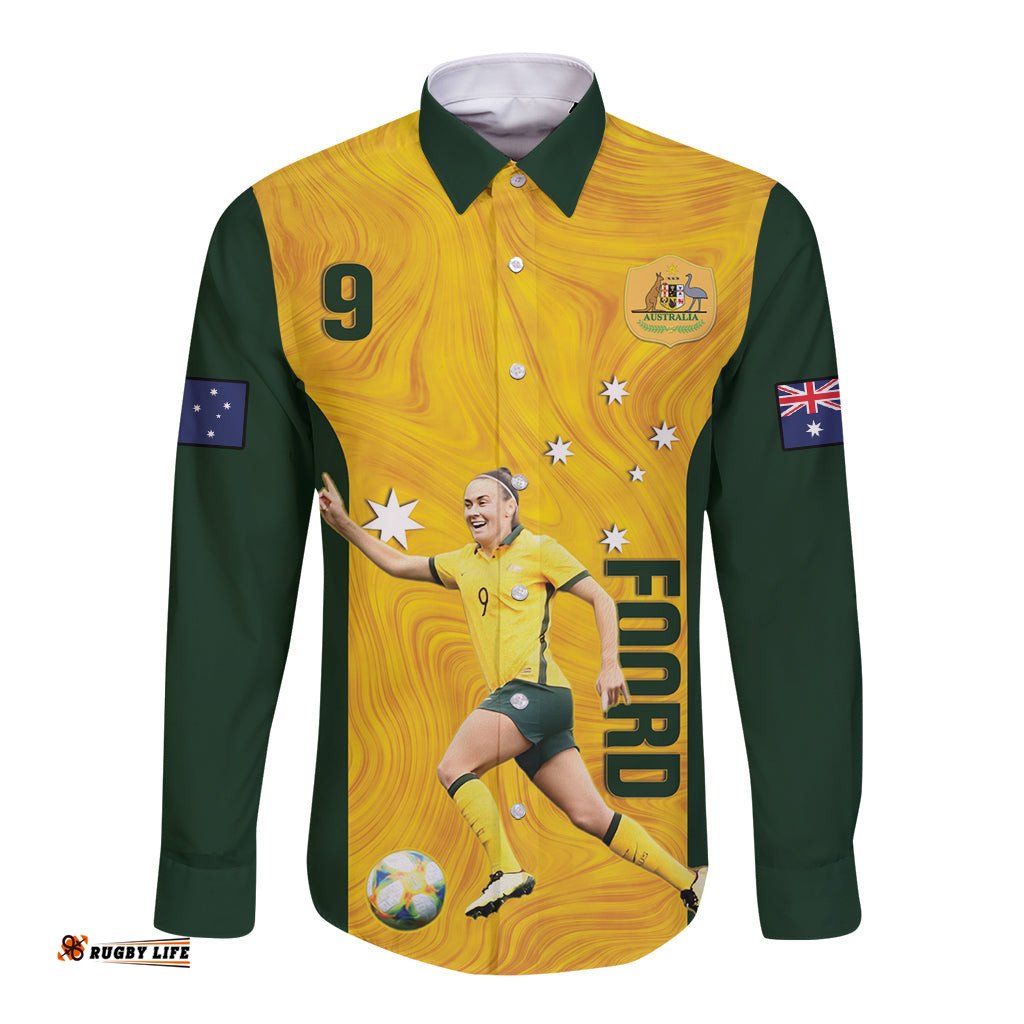 Australia Soccer Long Sleeve Button Shirt Foord Matildas Gold Marble