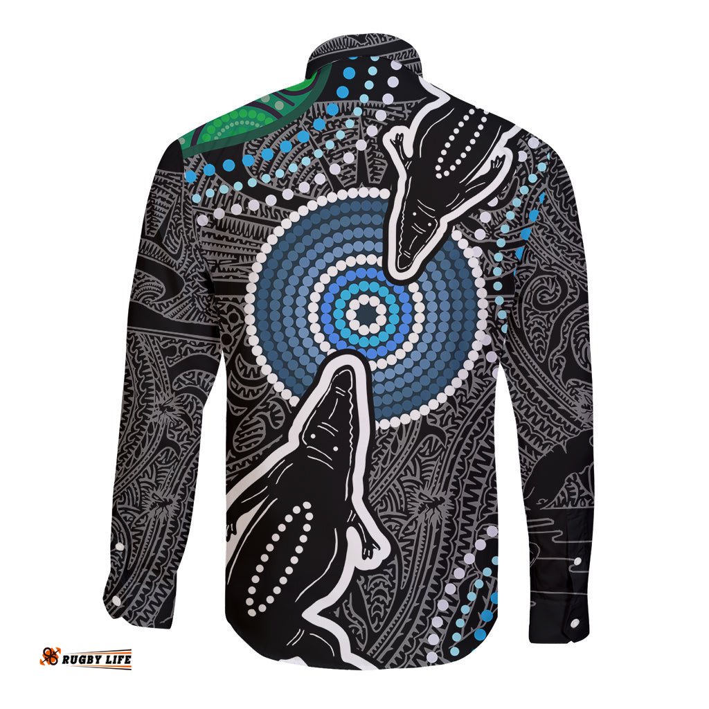 Torest Trait Islands Mix Crocodine Aboriginal Pattern Long Sleeve Button Shirt TS04