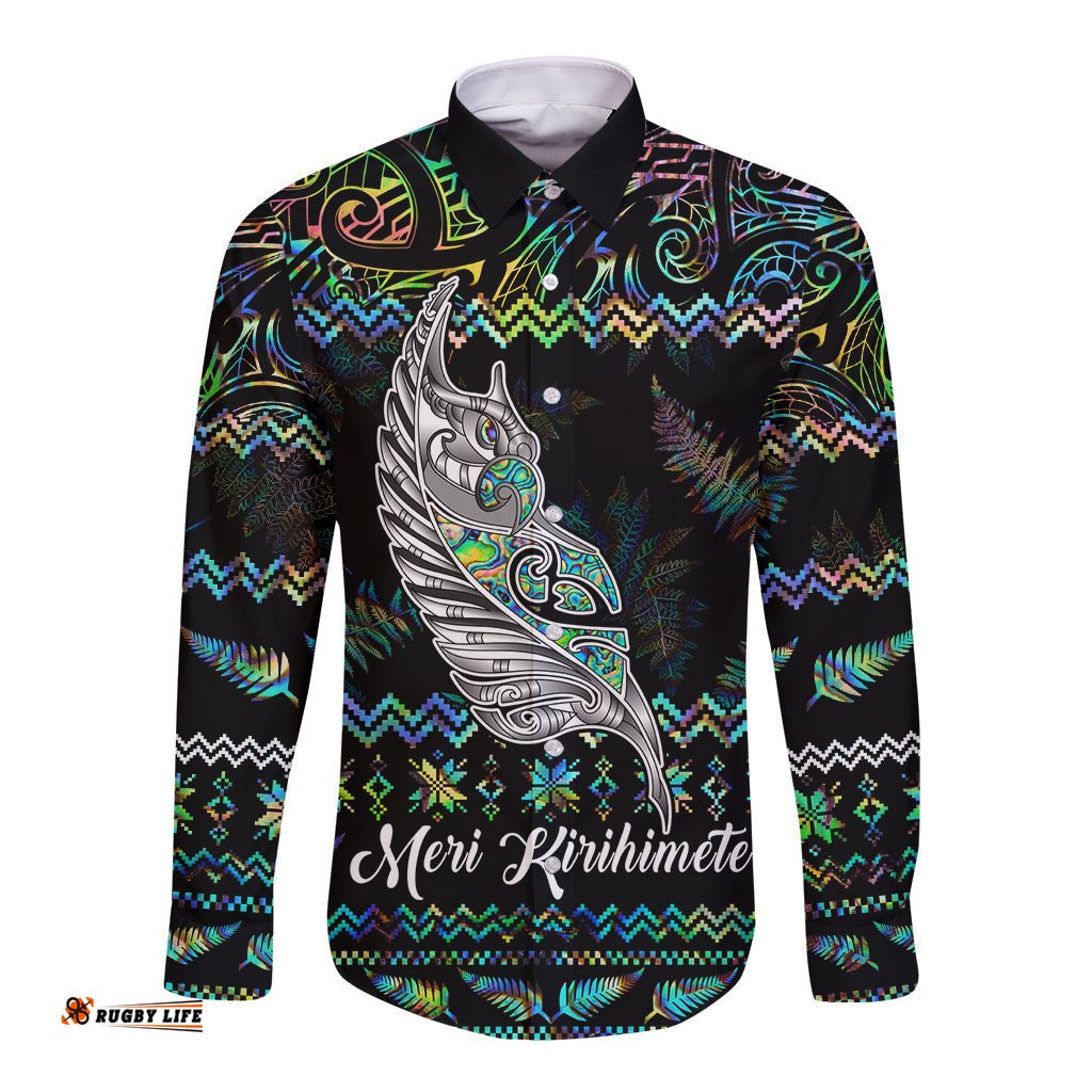 Personalised New Zealand Christmas Long Sleeve Button Shirt Maori Fern Manaia Meri Kirihimete with Papaua Shell