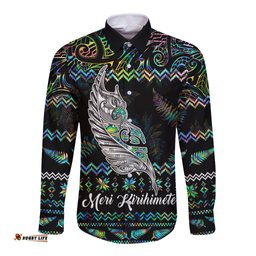Personalised New Zealand Christmas Long Sleeve Button Shirt Maori Fern Manaia Meri Kirihimete with Papaua Shell