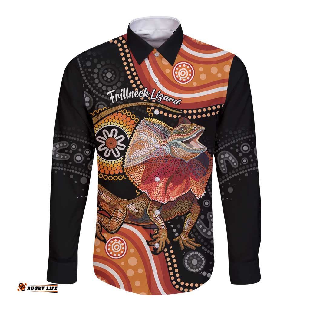 Personalised Australia Frilled Lizard Long Sleeve Button Shirt Aboriginal Art