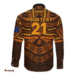 Custom Wallabies Rugby Long Sleeve Button Shirt Polynesian and Aboriginal Special Orange Version