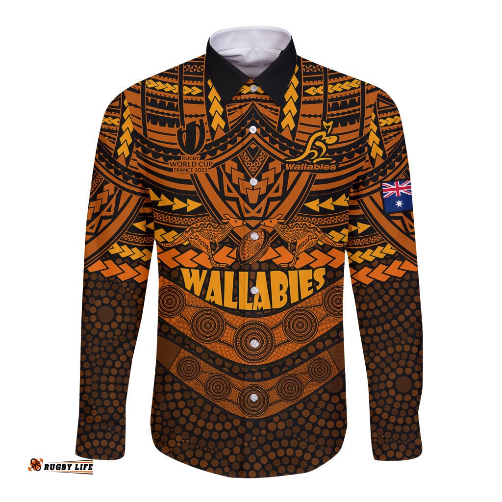 Custom Wallabies Rugby Long Sleeve Button Shirt Polynesian and Aboriginal Special Orange Version