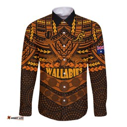 Custom Wallabies Rugby Long Sleeve Button Shirt Polynesian and Aboriginal Special Orange Version