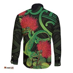 New Zealand Gecko Long Sleeve Button Shirt Aotearoa Maori With Pohutukawa Flowers