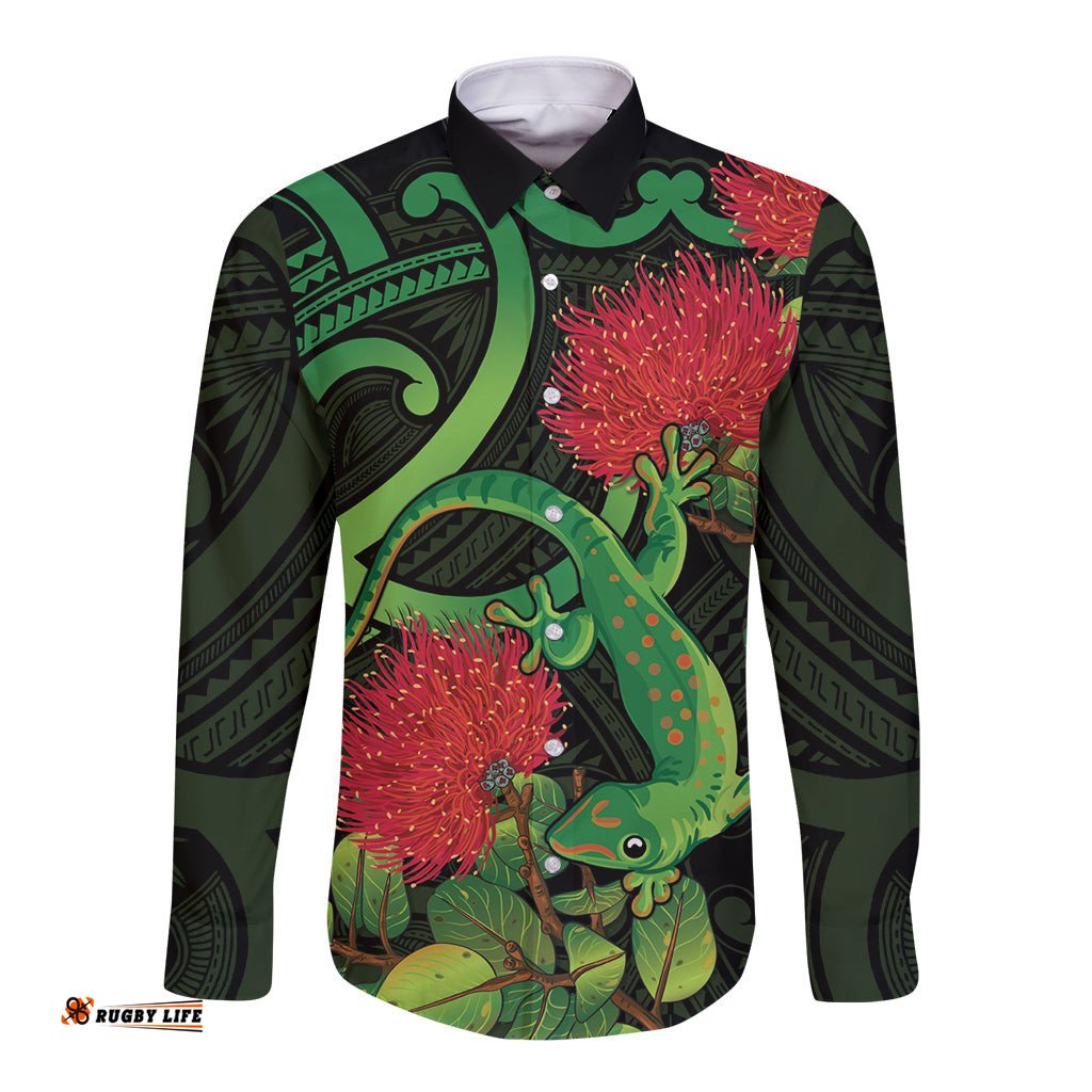 New Zealand Gecko Long Sleeve Button Shirt Aotearoa Maori With Pohutukawa Flowers