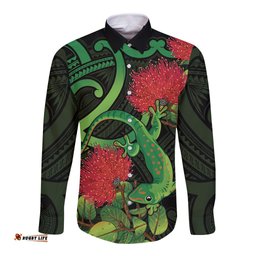 New Zealand Gecko Long Sleeve Button Shirt Aotearoa Maori With Pohutukawa Flowers