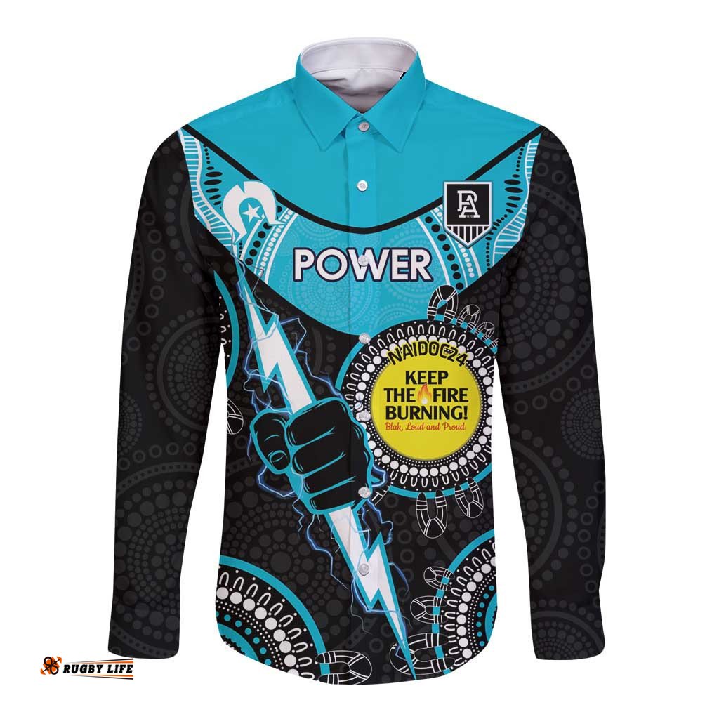 Custom AFL Power NAIDOC Week Long Sleeve Button Shirt Keep The Fire Burning Indigenous Art