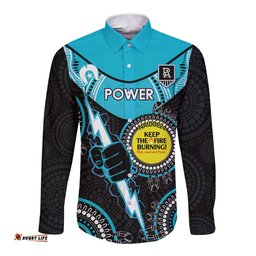 Custom AFL Power NAIDOC Week Long Sleeve Button Shirt Keep The Fire Burning Indigenous Art