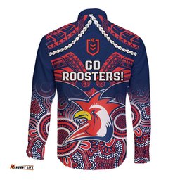 Roosters Rugby Long Sleeve Button Shirt Tricolours 1908 Aboriginal Mix Polynesian Pattern